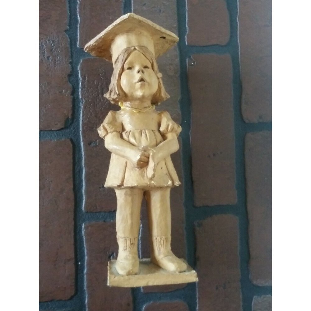 Antique/vintage Hand Carved Wood Figurine Girl w/Graduation cap flawed beige 11"